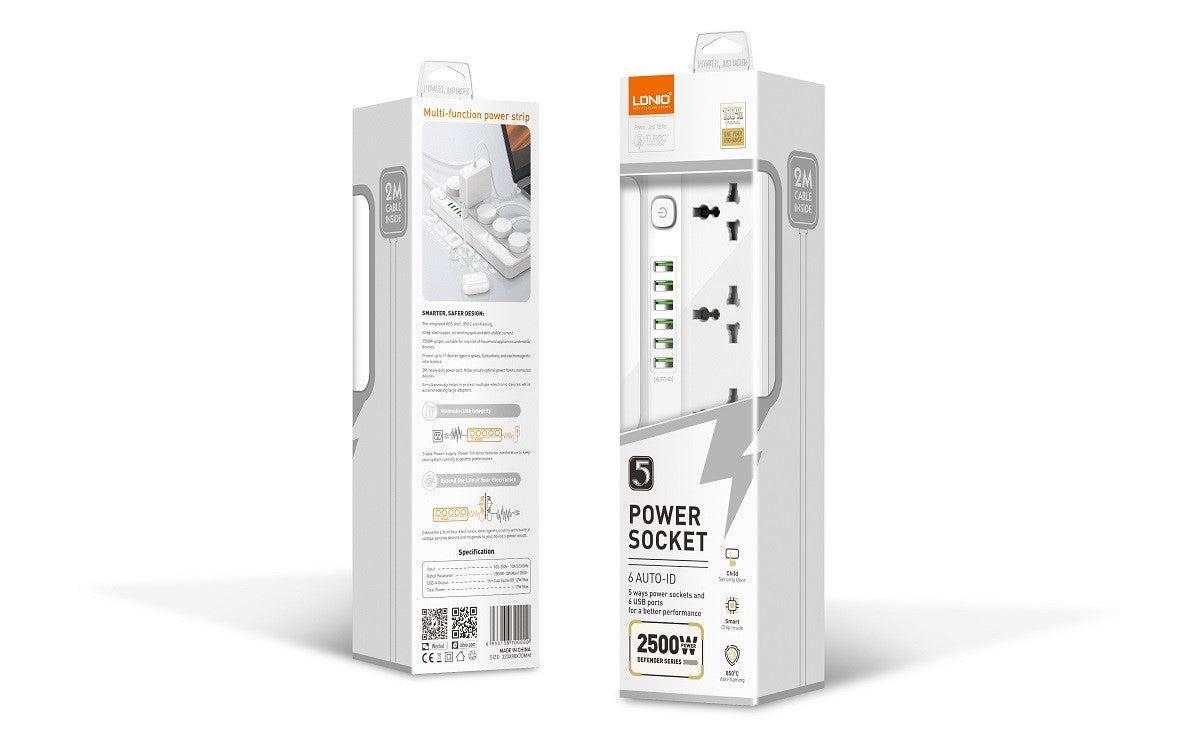 LDNIO SC5614C: 5 Universal Outlets, 6 USB Ports, 2M Power Cord Power Strip