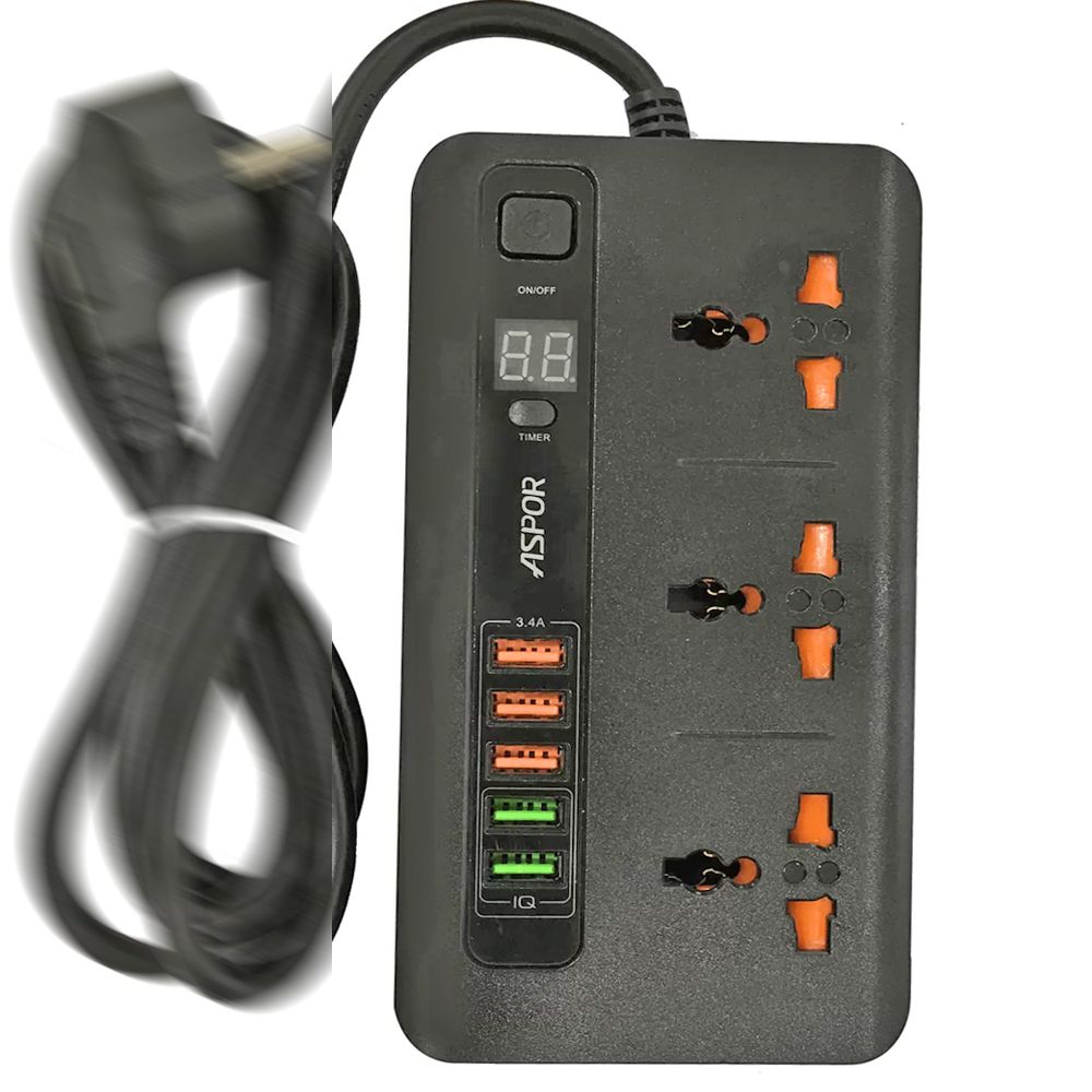 Aspor A503 Power IQ Strip With Off Timer & 5 USB Port