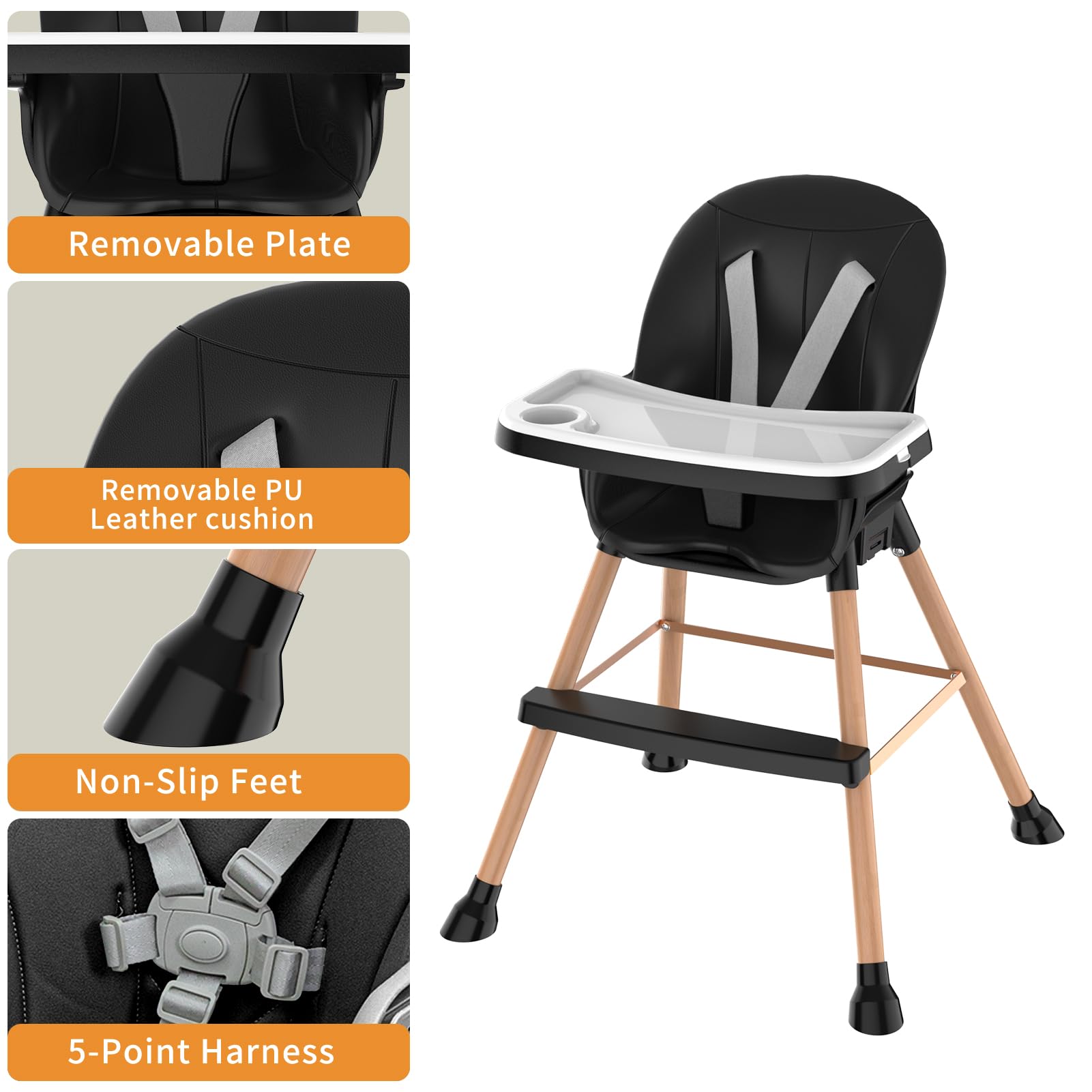 6-in-1 Wooden Baby High Chair with Adjustable Legs, Removable Tray, and Stylish Black Waterproof PU Cushion