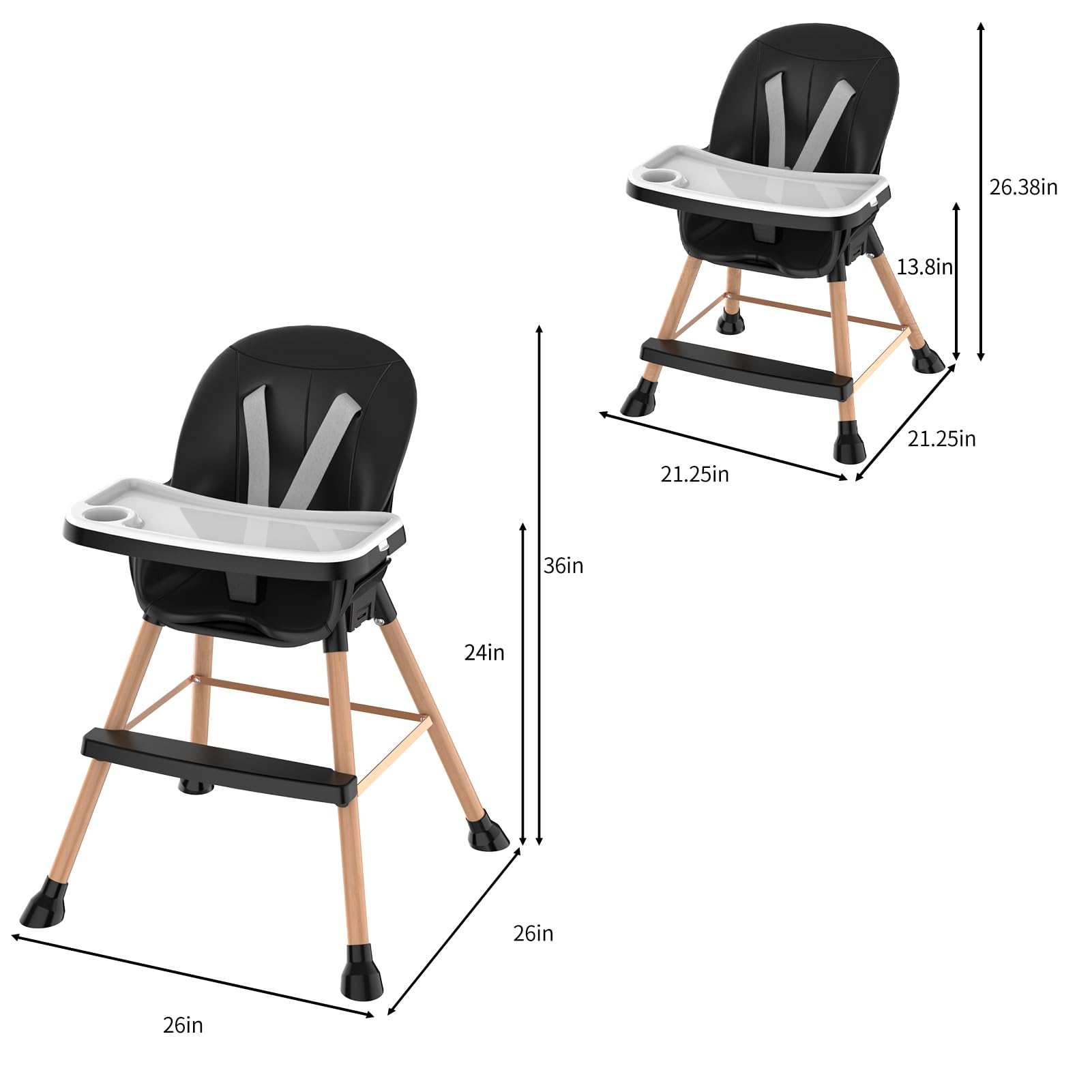 6-in-1 Wooden Baby High Chair with Adjustable Legs, Removable Tray, and Stylish Black Waterproof PU Cushion