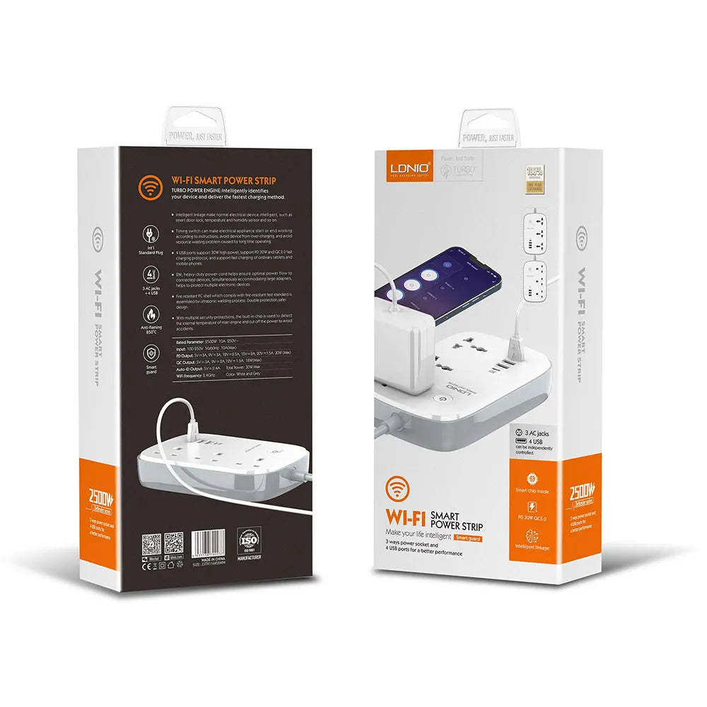 LDNIO SCW3451: Smart Power Strip with 3 Outlets, PD, QC 3.0, and Auto-ID