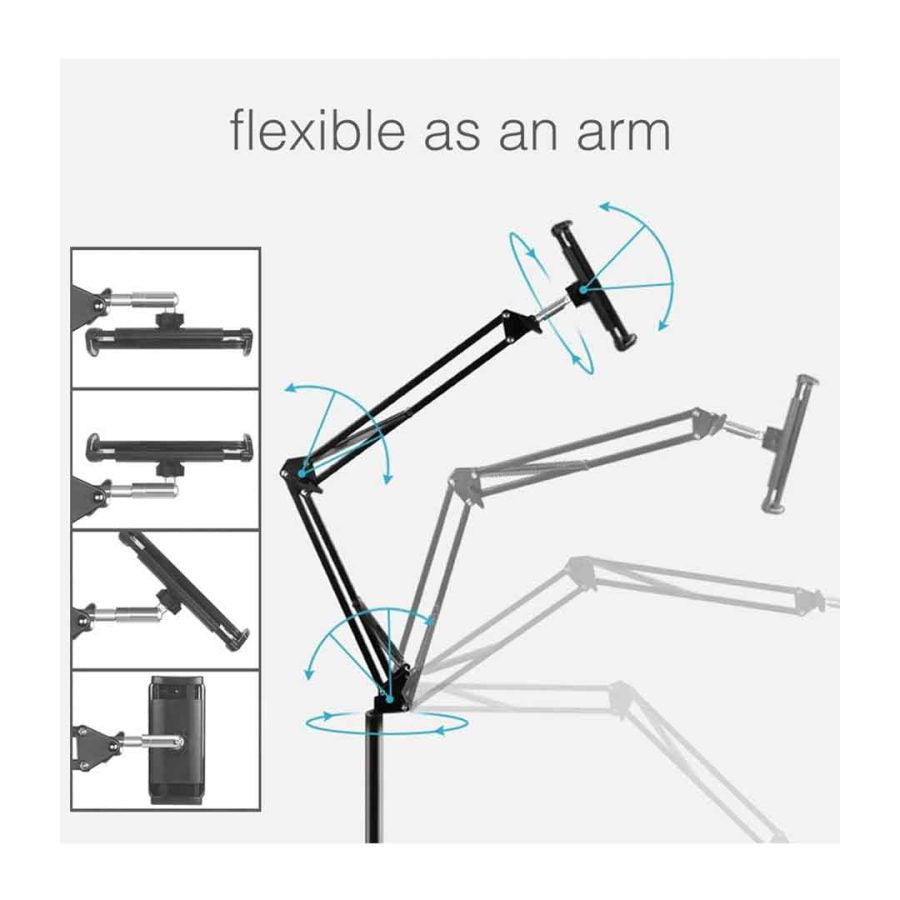 Universal Height Adjustable Floor Tablet Stand With Swivel Boom Arm Overhead Mount For Phone & Tablet