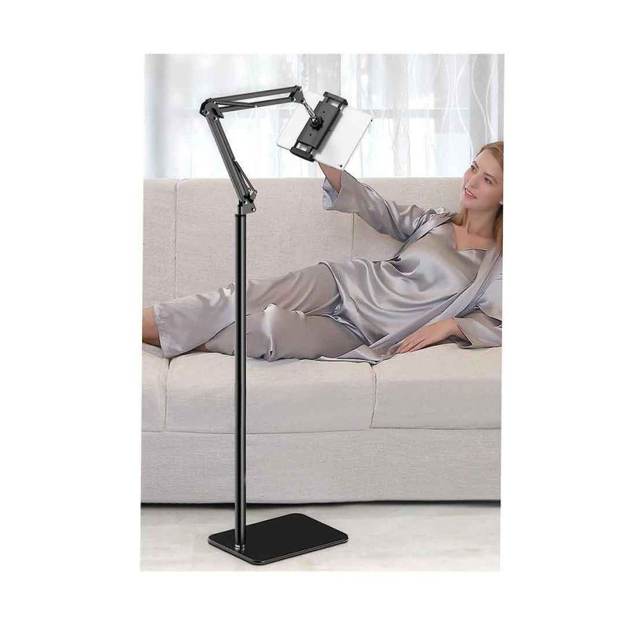 Universal Height Adjustable Floor Tablet Stand With Swivel Boom Arm Overhead Mount For Phone & Tablet