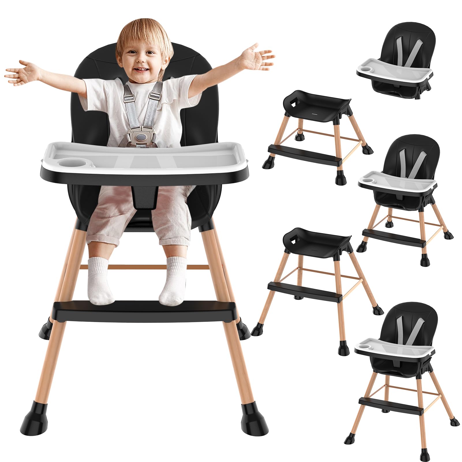 6-in-1 Wooden Baby High Chair with Adjustable Legs, Removable Tray, and Stylish Black Waterproof PU Cushion