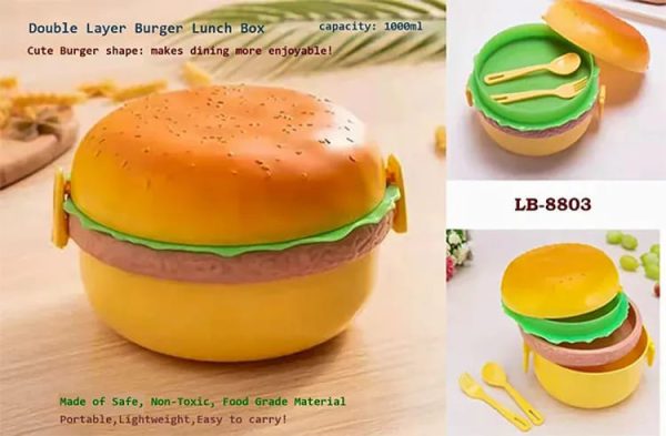 Burger Shape Lunch Box With Spoon Perfect For Kids 3 Layer Container