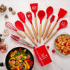 12 Pcs Set Wooden Handle Silicone Kitchen Utensils With Storage Bucket High Temperature Resistant And Non Stick Pot Spatula Spoon( Random Color )