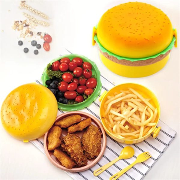 Burger Shape Lunch Box With Spoon Perfect For Kids 3 Layer Container