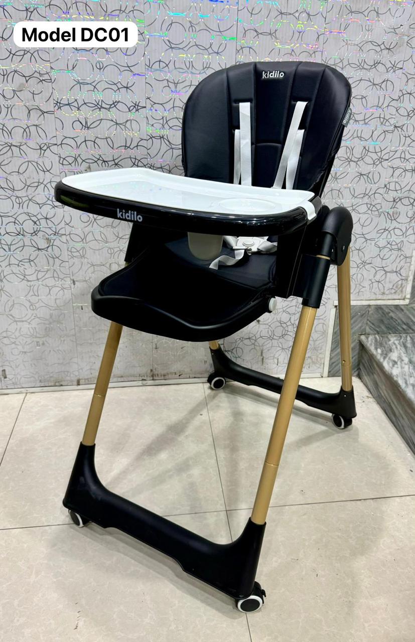 6-in-1 Wooden Baby High Chair with Adjustable Legs, Removable Tray, and Stylish Black Waterproof PU Cushion