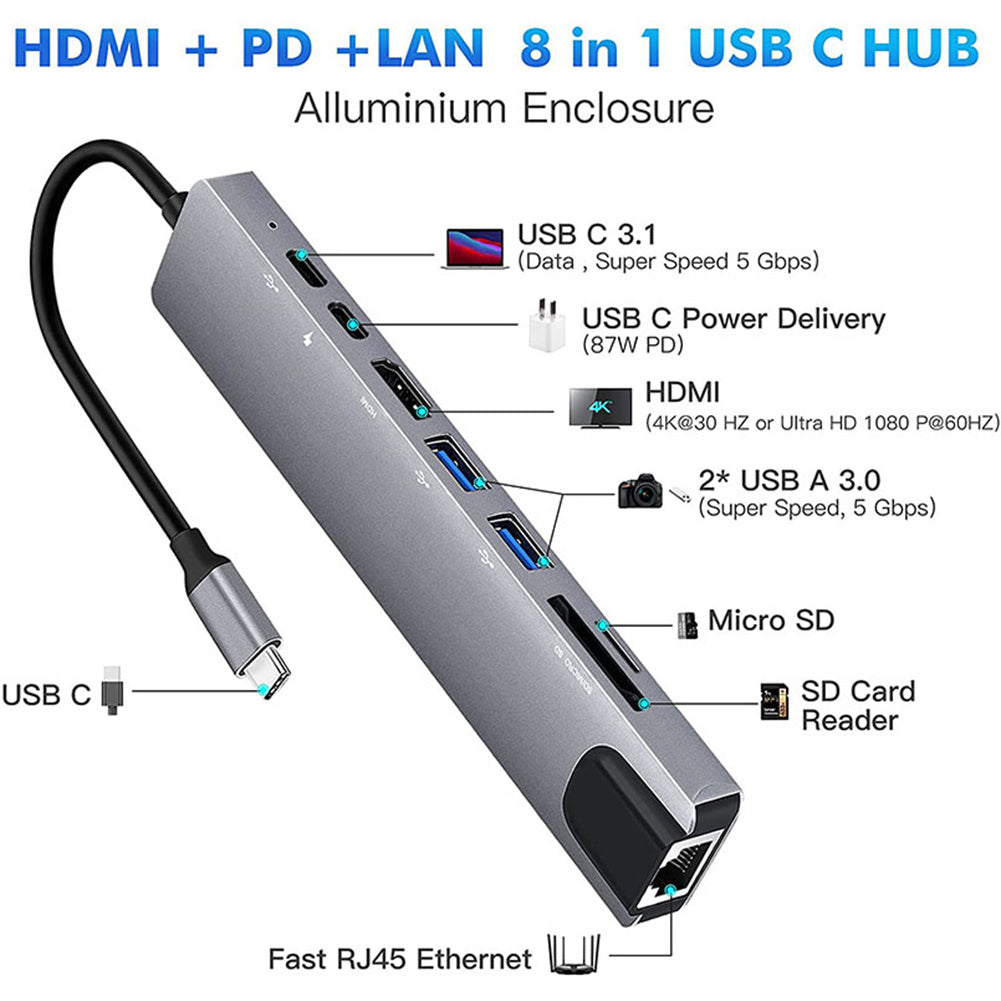 8 IN1 Hub MULTI-PORT TYPE C TO USB C 4K HDMI ADAPTER USB 3.0  - 8 in 1 usb hub - Type c to 8 in  1 hub - Type c to different hubs - Type c to hubs