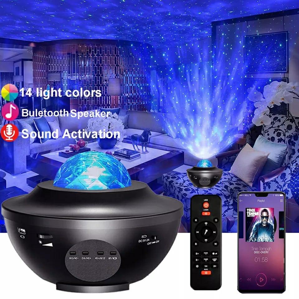 LED Star Ocean Wave Projector Night Light Galaxy Starry Sky Night Projector Night Lamp With Music Bluetooth Speaker