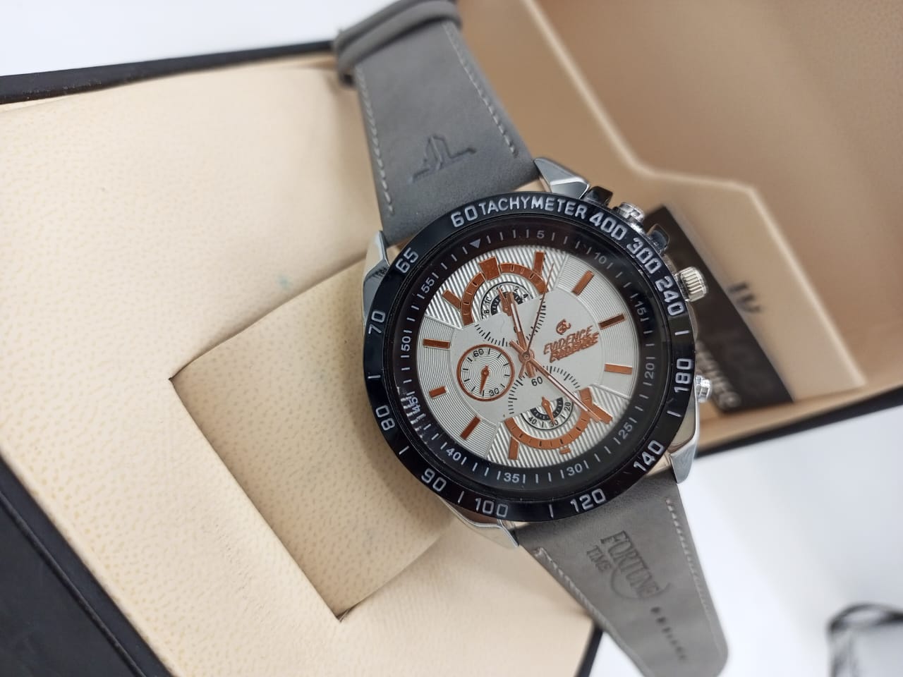 Fortune Time Chronograph Round Dial Grey Leather Strap Watch - Without Box (Ramdom Colour)