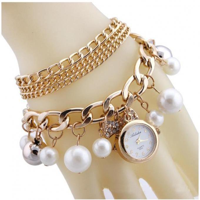 Gold Pearl Crystal Bracelet Watch - Without Box