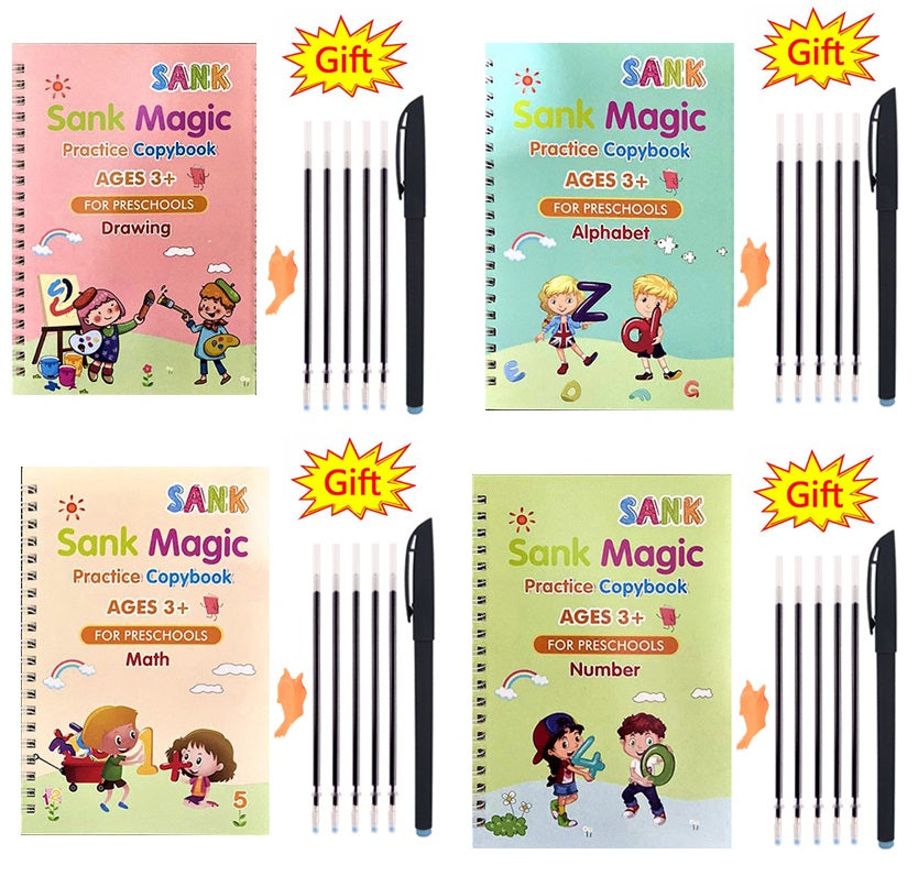 Pack Of 4 Pcs With 10 Refill Copybooks 1 Pen Magic Copy Book Free Wiping Children's Kid Writing Sticker Practice Copybook For Calligraphy