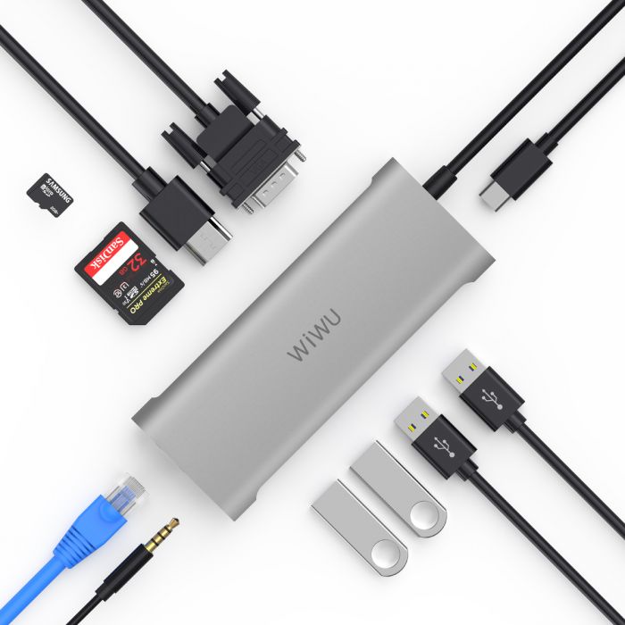 WIWU Alpha 11in 1 3*USB 3.0, 1* USB 2.0, 1* 4K HDMI, 1* VGA, 1* RJ45, 1* 3.5 mmAudio, 1* SD Card, 1* micro SD Card 1 * TYPE C Plug and play and Aluminum alloy