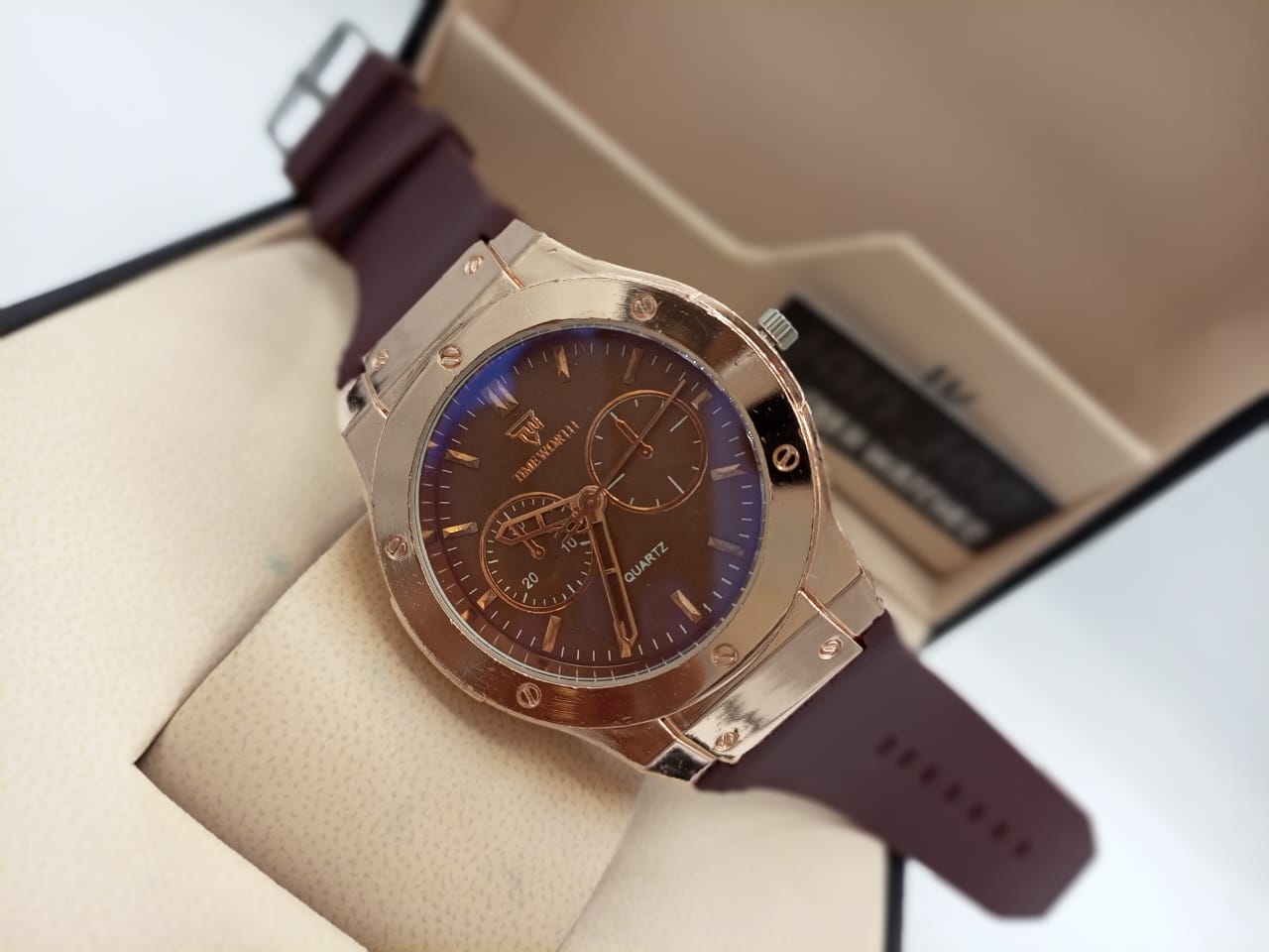 Timeworth Quartz Round Dial Dark Brown Strap Watch - Without Box