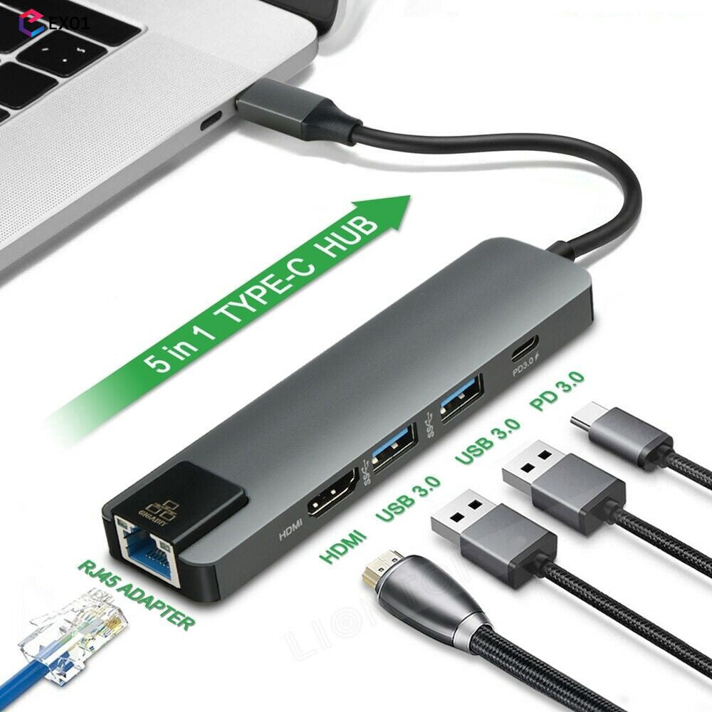 Type C to 5 In 1 HUB (LAN + TYPE-C + HDMI + USB3.0*2)