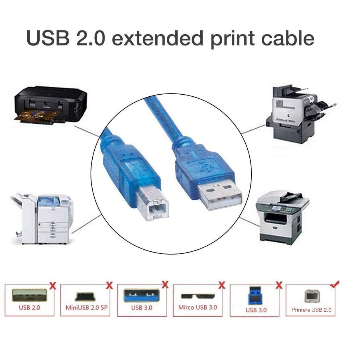 USB 2.0 USB Printer Cable 1.5M Full Copper Core Printer Scanner Cord High Speed BLUE - Printer Cable - USB 2.0 Printer Cable