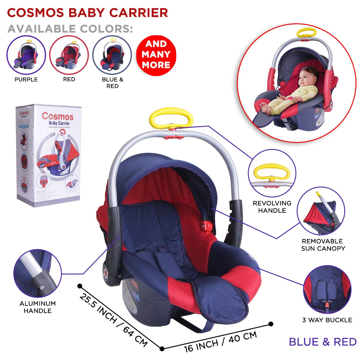 Cosmos Infant Carrier Baby & Baba Carry Cot for Kids & Toddlers - Large Size Rocker & Sleeping Seat - Adjustable Sun Canopy Mosquito Net & Revolving Aluminum Handle - New Born Children Carry Coat Rest Seats - Luxurious Padding & Head Hugger For Smaller Ba