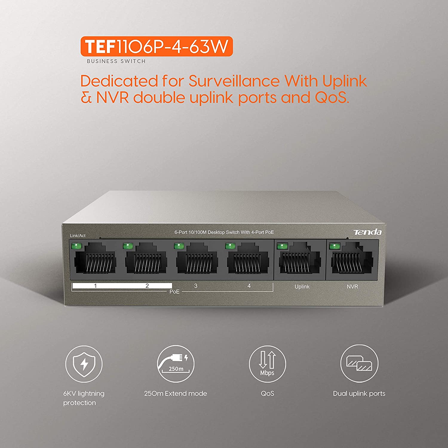 Tenda 6 Port Fast Ethernet PoE Switch | 4 PoE Ports