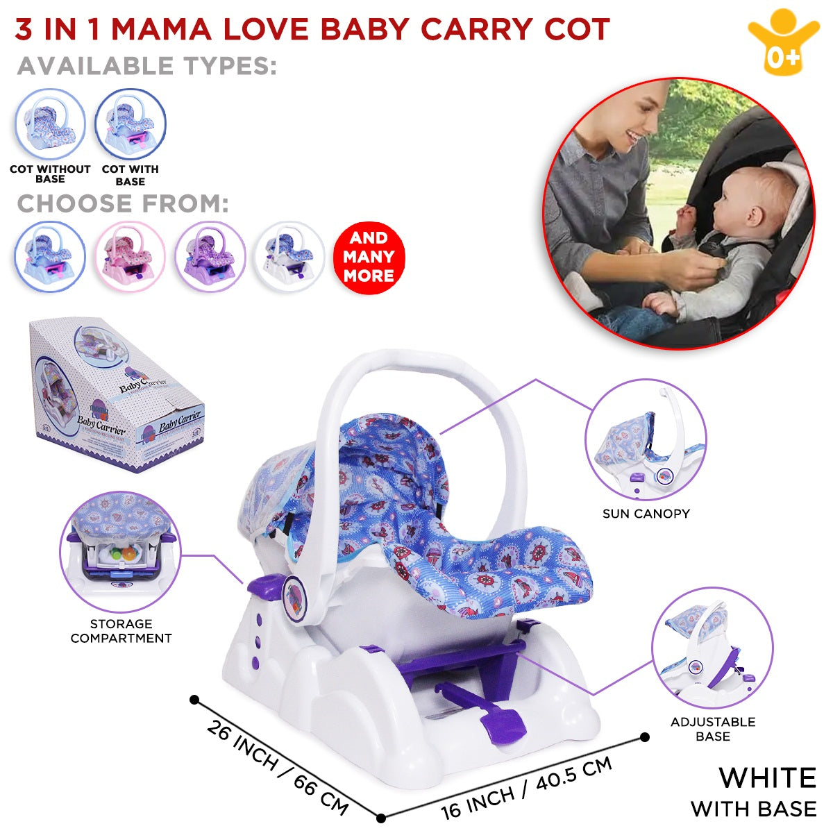 3 in 1 Mama Love Carry Cot with Base - New Born Baby Premium Quality Rocker & Sleeping Carrier Seat - Easily Carry Car Seat Gear with Safety Mosquito Net, Sun Canopy & Adjustable Handle Bar Rocker Seat with Storage Compartment