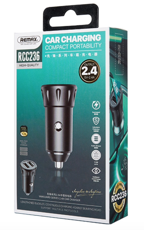 Remax Car Charger Vanguard Series 2usb 2.4a Black Moq:92 (Rcc236) - Remax car charger - Car charger - Car charger 2.4a