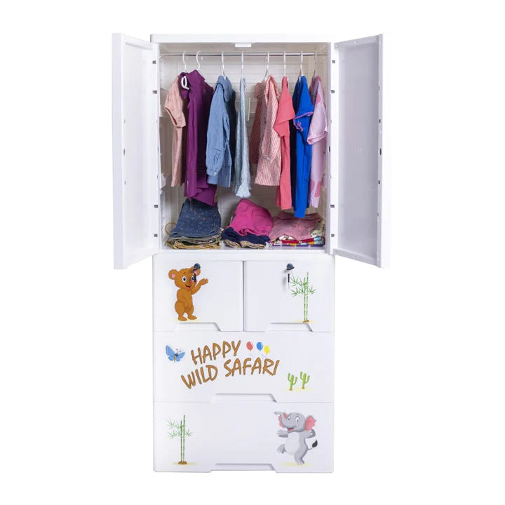 Kideez Wardrobe Multipurpose Storage drawer  - Toy Almirah Hanging Portion Cupboard Decorative Style -  Almari Cabinet Portable - Almirah SAFARI WHITE Wardrobe