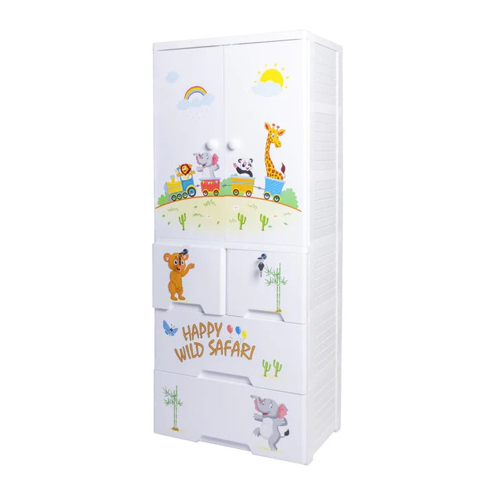 Kideez Wardrobe Multipurpose Storage drawer  - Toy Almirah Hanging Portion Cupboard Decorative Style -  Almari Cabinet Portable - Almirah SAFARI WHITE Wardrobe