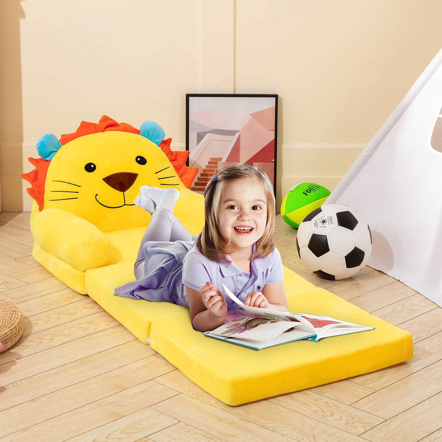 Plush Foldable Kids Sofa Backrest Armchair 2 In 1 Foldable Children Sofa Cute Cartoon Lazy Sofa