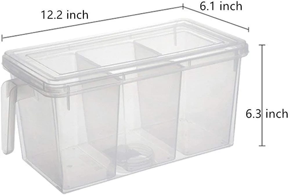 Toxen Plastic Refrigerator Organizer Container Square Handle Food Storage Organizer Boxes - Clear with Lid, Handle and 3 Smaller Bins Multicolour