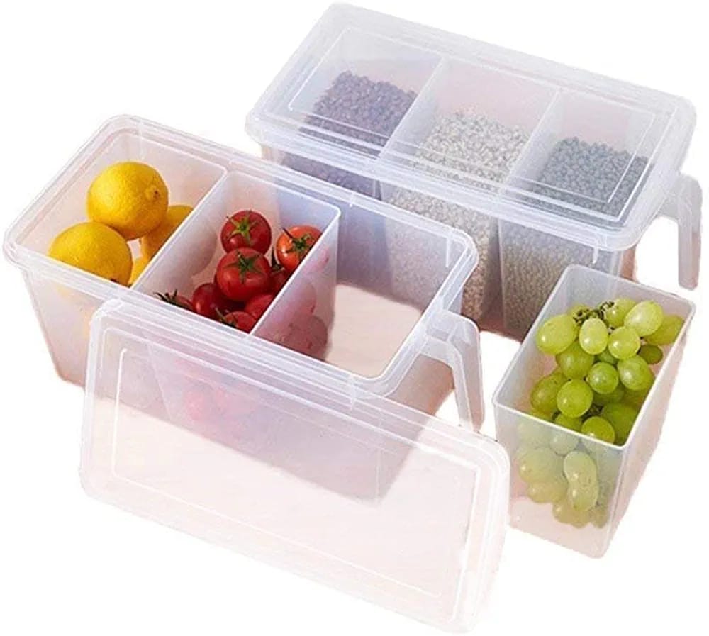 Toxen Plastic Refrigerator Organizer Container Square Handle Food Storage Organizer Boxes - Clear with Lid, Handle and 3 Smaller Bins Multicolour