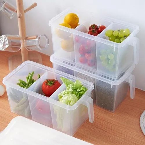 Toxen Plastic Refrigerator Organizer Container Square Handle Food Storage Organizer Boxes - Clear with Lid, Handle and 3 Smaller Bins Multicolour