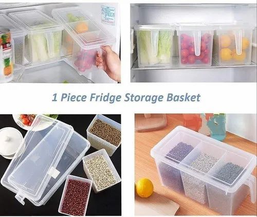 Toxen Plastic Refrigerator Organizer Container Square Handle Food Storage Organizer Boxes - Clear with Lid, Handle and 3 Smaller Bins Multicolour