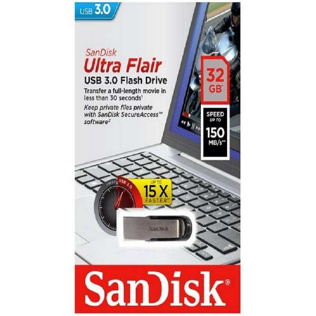 SanDisk Ultra Flair USB 3.0 Flash Drive 32GB - 32GB - Ultra Flair - USB 3.0 - Flash Drive-Silver - ORIGNAL SanDisk Ultra Flair USB 3.0 Flash Drive - 32 GB