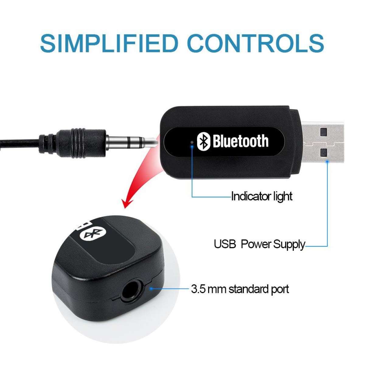 USB Bluetooth Music Receiver with Dual AUX Pin