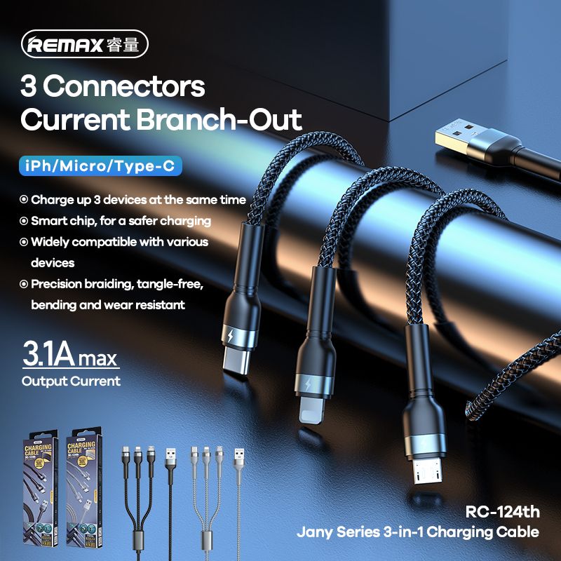 REMAX RC-124th Jany Series 3.1A 3-in-1 Charging Cable - Charging cable - Remax charging cable - Remax  rc - 12 charging cable