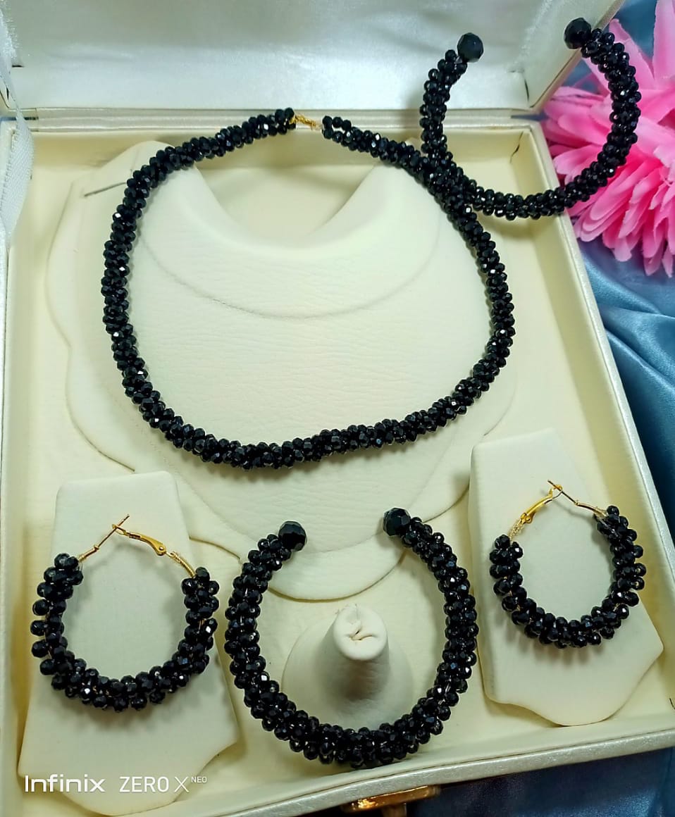 Beautiful stylish pearl mala set with hoop earring and 2 hand adjustable pearl bangles Crystal black for fashion women jewellery set